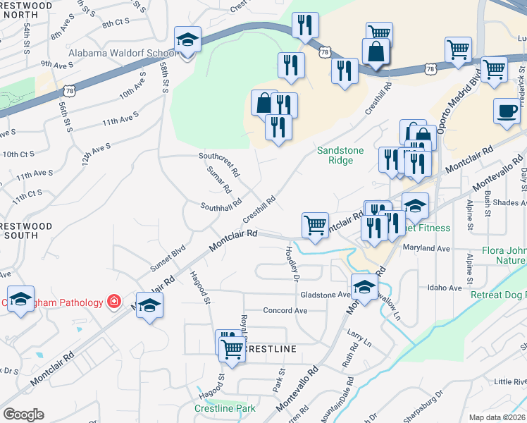 map of restaurants, bars, coffee shops, grocery stores, and more near 1300 Cresthill Road in Birmingham