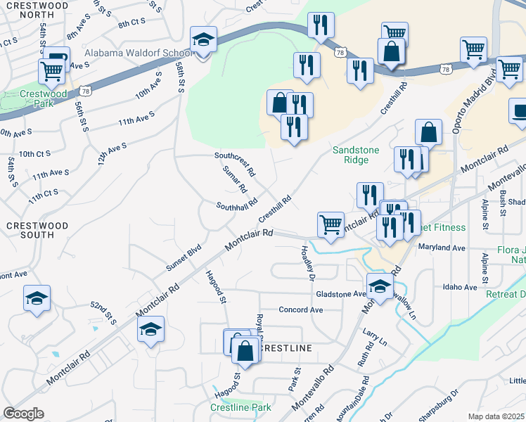 map of restaurants, bars, coffee shops, grocery stores, and more near 5900 Southhall Road in Birmingham
