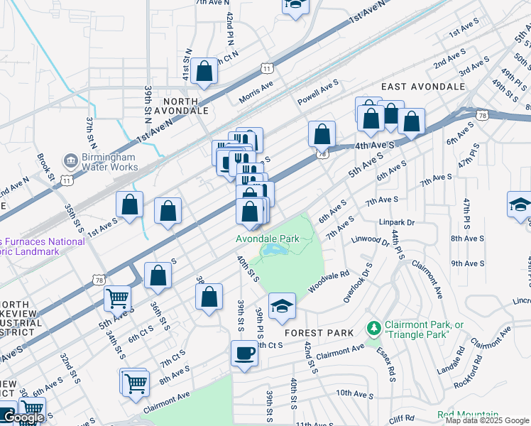 map of restaurants, bars, coffee shops, grocery stores, and more near 4132 4th Avenue South in Birmingham