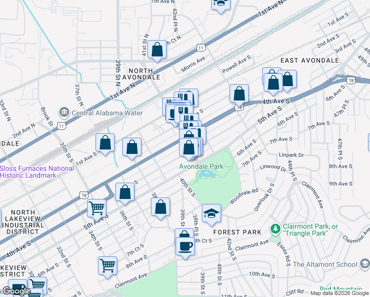 map of restaurants, bars, coffee shops, grocery stores, and more near 4101 3rd Avenue South in Birmingham