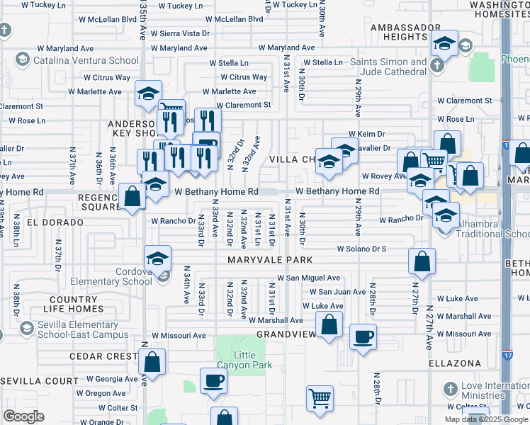 map of restaurants, bars, coffee shops, grocery stores, and more near 3117 West Bethany Home Road in Phoenix