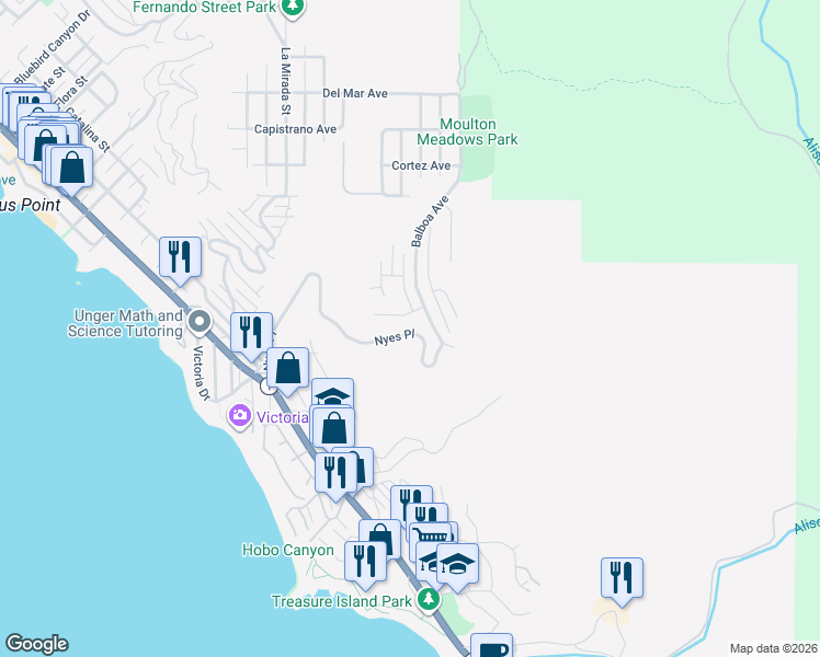 map of restaurants, bars, coffee shops, grocery stores, and more near 704 Nyes Place in Laguna Beach