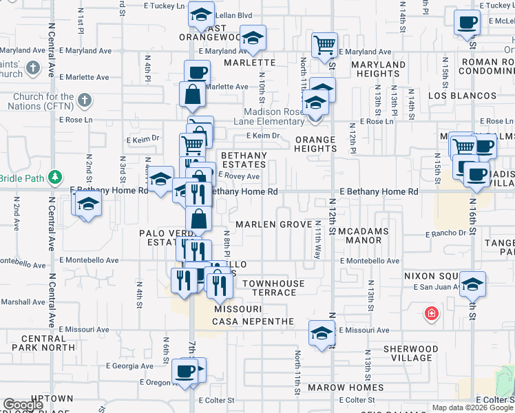 map of restaurants, bars, coffee shops, grocery stores, and more near 1003 East Bethany Home Road in Phoenix