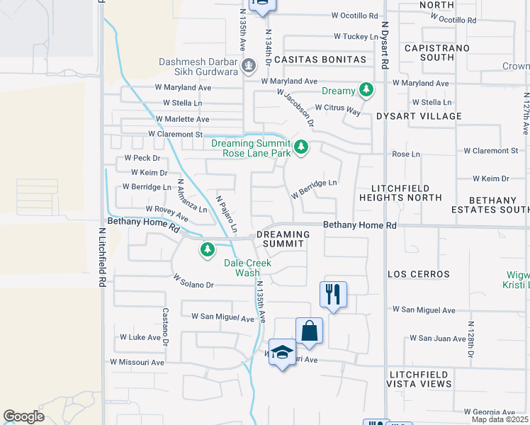 map of restaurants, bars, coffee shops, grocery stores, and more near 13434 West Rovey Avenue in Litchfield Park