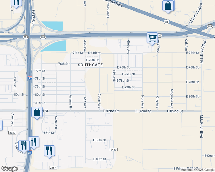 map of restaurants, bars, coffee shops, grocery stores, and more near 7602 Elm Avenue in Lubbock