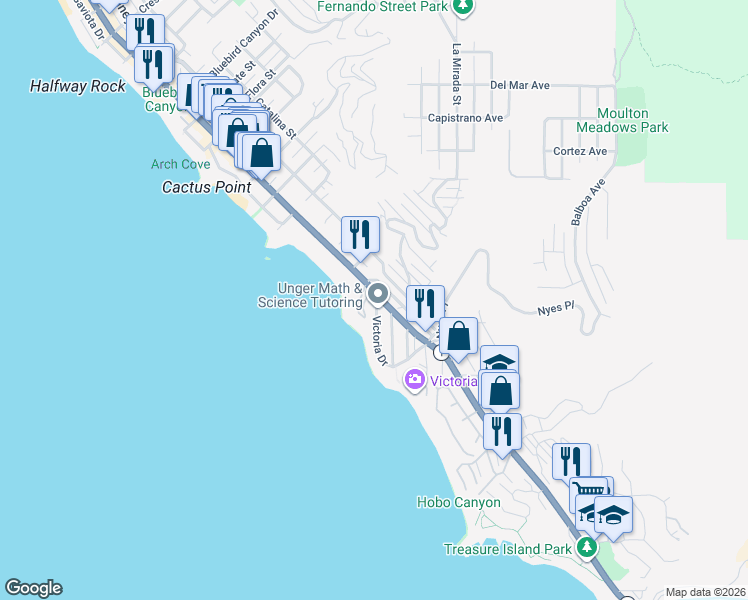 map of restaurants, bars, coffee shops, grocery stores, and more near 2601 Victoria Drive in Laguna Beach