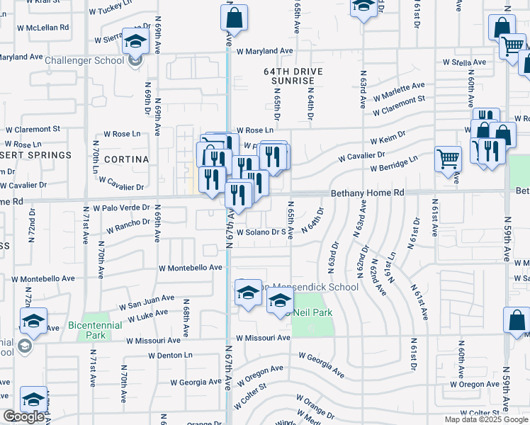 map of restaurants, bars, coffee shops, grocery stores, and more near 6565 West Bethany Home Road in Glendale