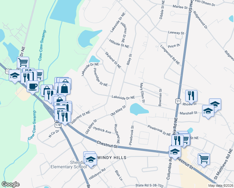 map of restaurants, bars, coffee shops, grocery stores, and more near 2464 Hillcrest Street Northeast in Orangeburg