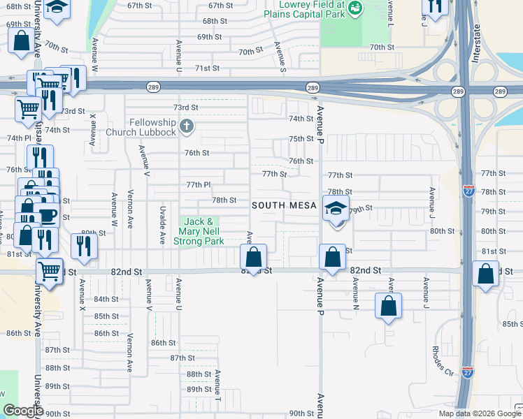map of restaurants, bars, coffee shops, grocery stores, and more near 1808 79th Street in Lubbock