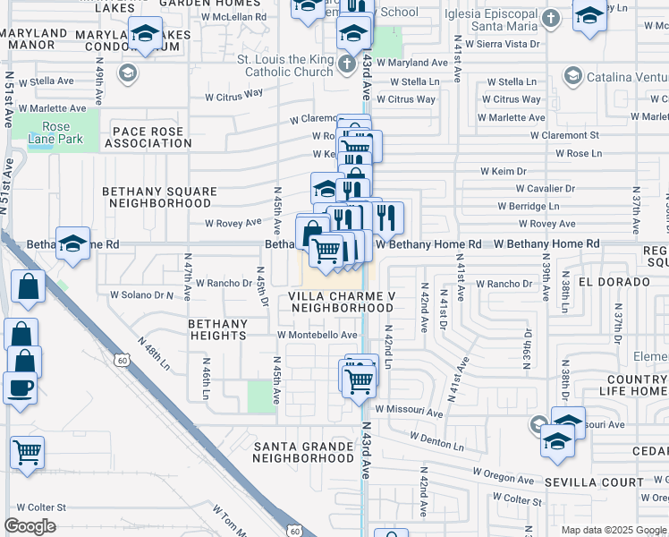 map of restaurants, bars, coffee shops, grocery stores, and more near 4353 West Bethany Home Road in Glendale