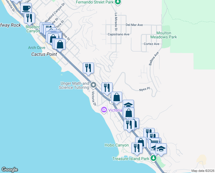 map of restaurants, bars, coffee shops, grocery stores, and more near 2790 Queda Way in Laguna Beach