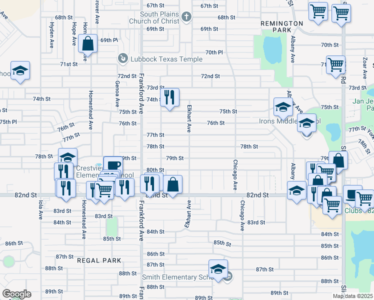 map of restaurants, bars, coffee shops, grocery stores, and more near 5701 78th Street in Lubbock
