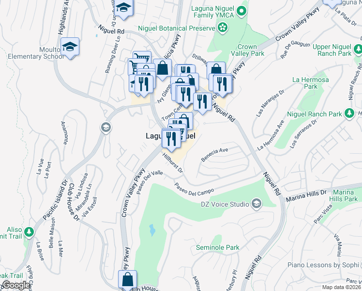map of restaurants, bars, coffee shops, grocery stores, and more near 30242 Crown Valley Parkway in Laguna Niguel