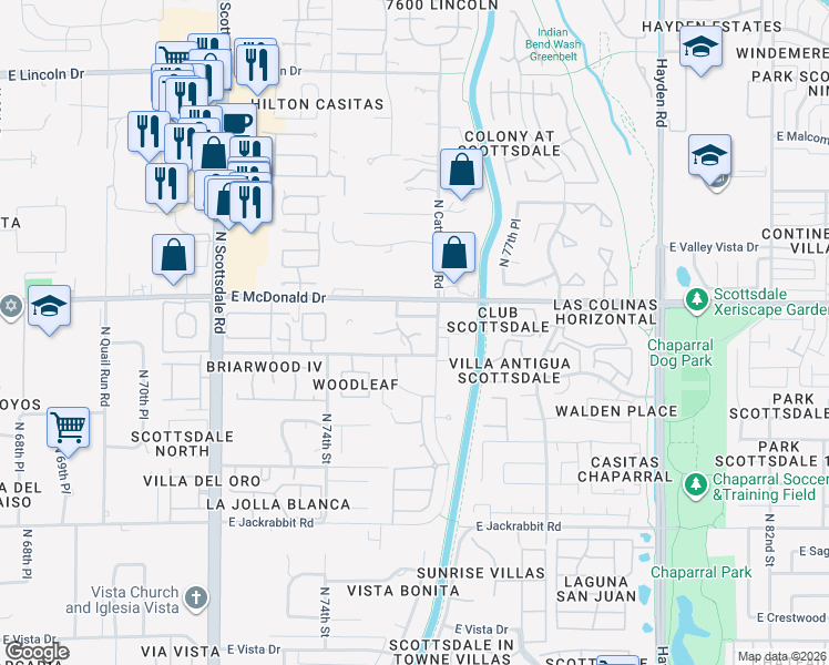 map of restaurants, bars, coffee shops, grocery stores, and more near 7595 East McDonald Drive in Scottsdale