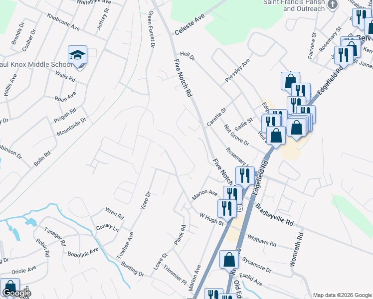 map of restaurants, bars, coffee shops, grocery stores, and more near 535-537 Dove Street in North Augusta