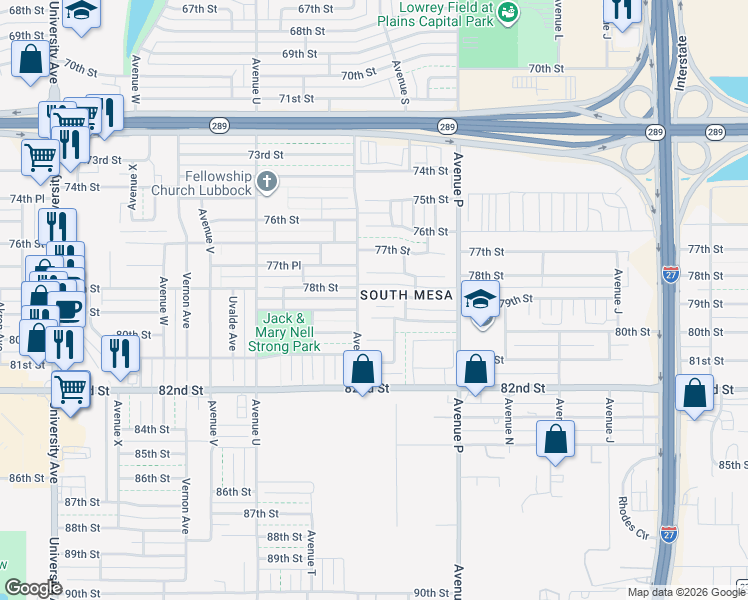 map of restaurants, bars, coffee shops, grocery stores, and more near 1808 79th Street in Lubbock