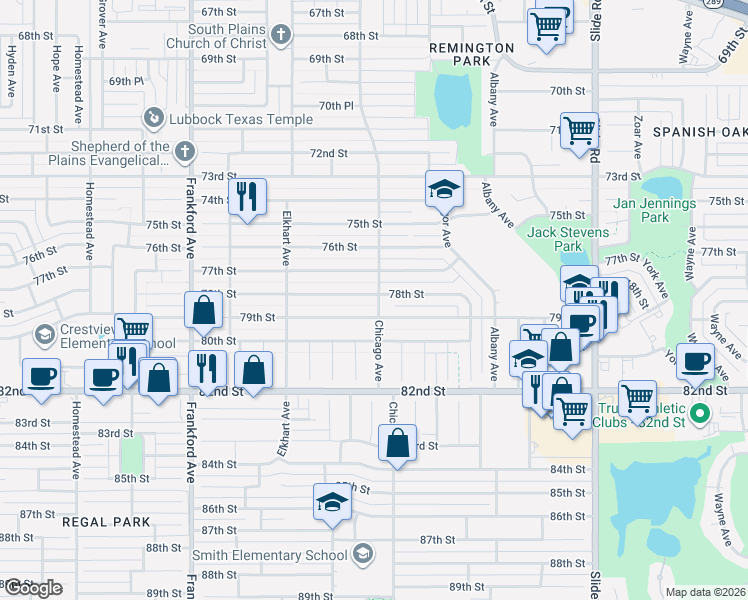 map of restaurants, bars, coffee shops, grocery stores, and more near 5506 78th Street in Lubbock