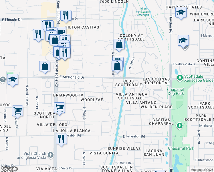 map of restaurants, bars, coffee shops, grocery stores, and more near 7595 East McDonald Drive in Scottsdale