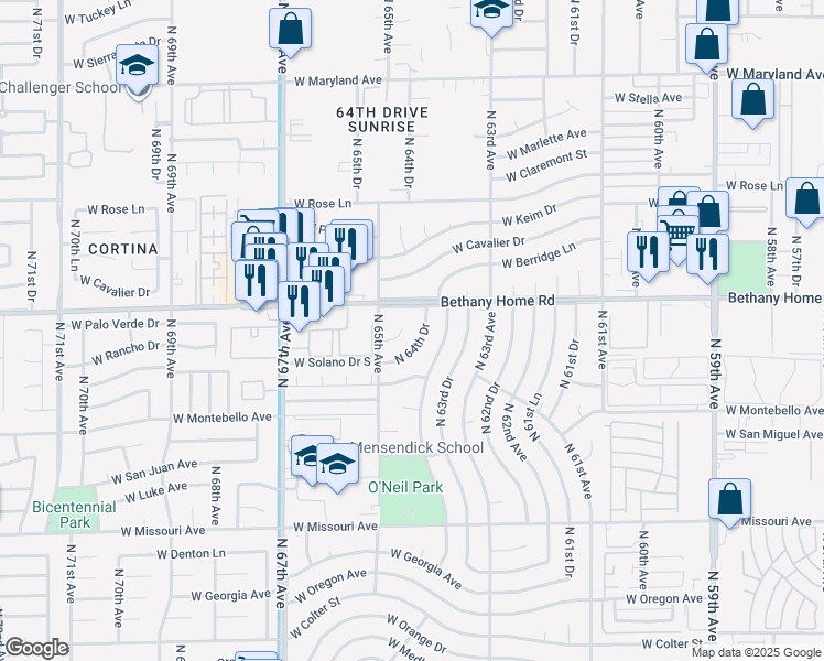 map of restaurants, bars, coffee shops, grocery stores, and more near 6443 West Bethany Home Road in Glendale