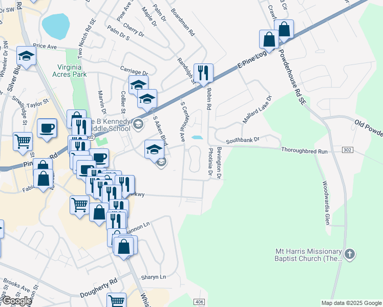 map of restaurants, bars, coffee shops, grocery stores, and more near 415 Churchill Circle in Aiken