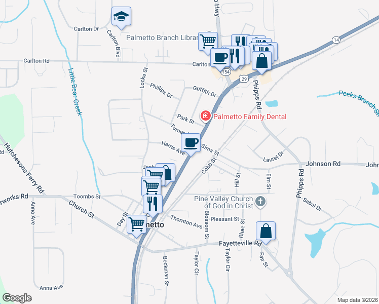 map of restaurants, bars, coffee shops, grocery stores, and more near 620 Roosevelt Highway in Palmetto