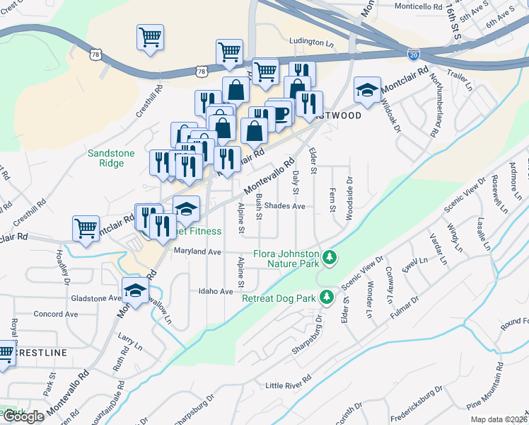 map of restaurants, bars, coffee shops, grocery stores, and more near 124 Bush Street in Irondale