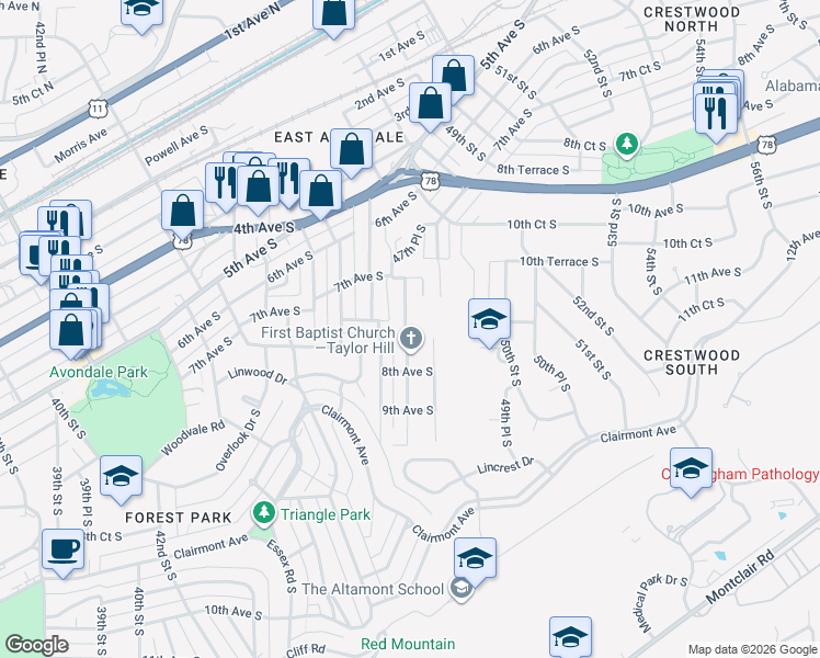 map of restaurants, bars, coffee shops, grocery stores, and more near 729 47th Place South in Birmingham