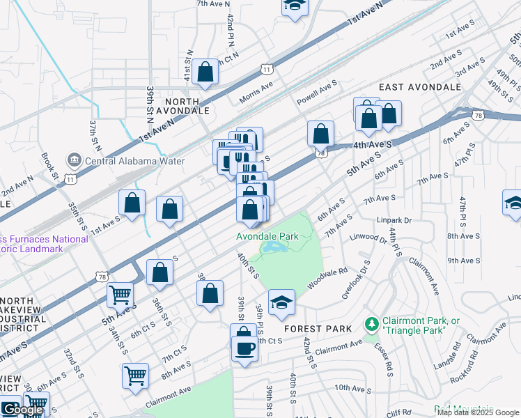 map of restaurants, bars, coffee shops, grocery stores, and more near 4101 3rd Avenue South in Birmingham