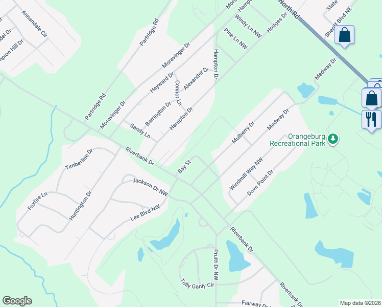 map of restaurants, bars, coffee shops, grocery stores, and more near 128 Bay Street in Orangeburg