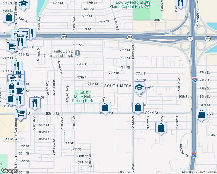 map of restaurants, bars, coffee shops, grocery stores, and more near 1808 79th Street in Lubbock