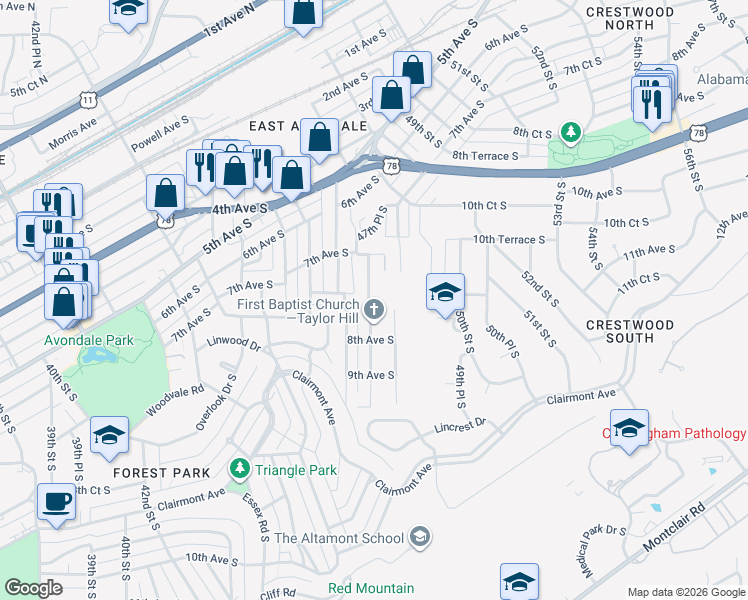 map of restaurants, bars, coffee shops, grocery stores, and more near 729 47th Place South in Birmingham