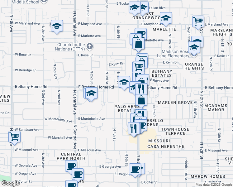 map of restaurants, bars, coffee shops, grocery stores, and more near 5836 North 4th Place in Phoenix