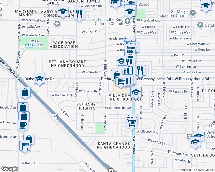 map of restaurants, bars, coffee shops, grocery stores, and more near 4413 West Bethany Home Road in Glendale