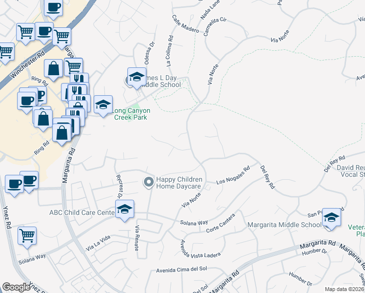 map of restaurants, bars, coffee shops, grocery stores, and more near 29680 Avenida Del Sol in Temecula