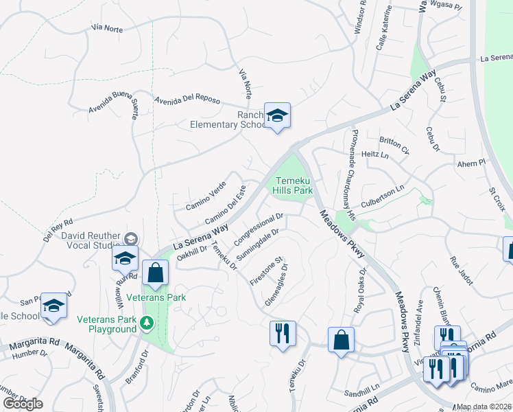 map of restaurants, bars, coffee shops, grocery stores, and more near 41161 Crooked Stick Drive in Temecula