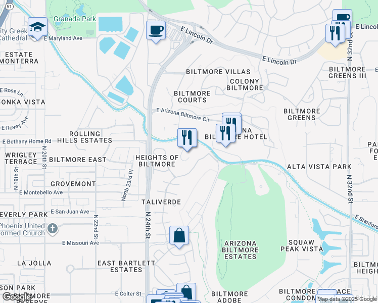 map of restaurants, bars, coffee shops, grocery stores, and more near 2501 East Telawa Trail in Phoenix
