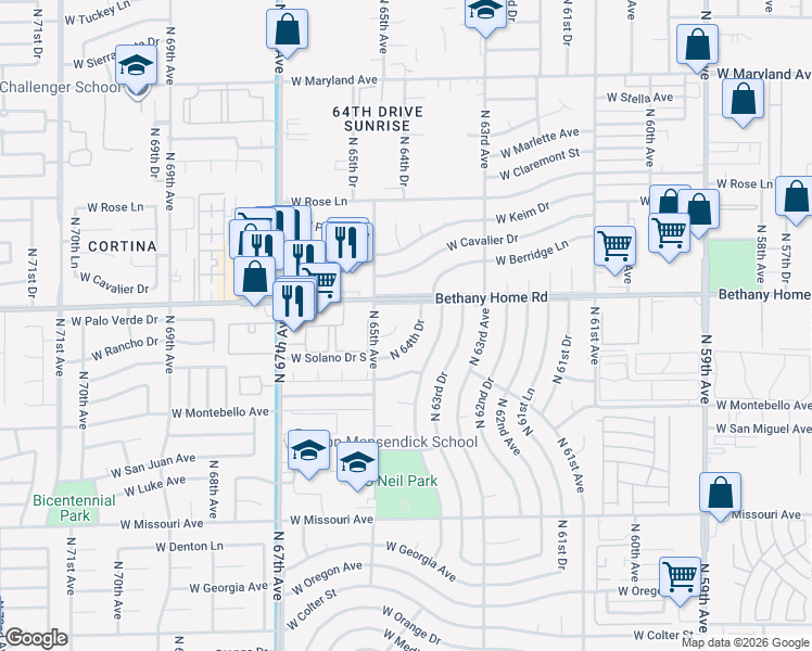 map of restaurants, bars, coffee shops, grocery stores, and more near 6443 West Bethany Home Road in Glendale