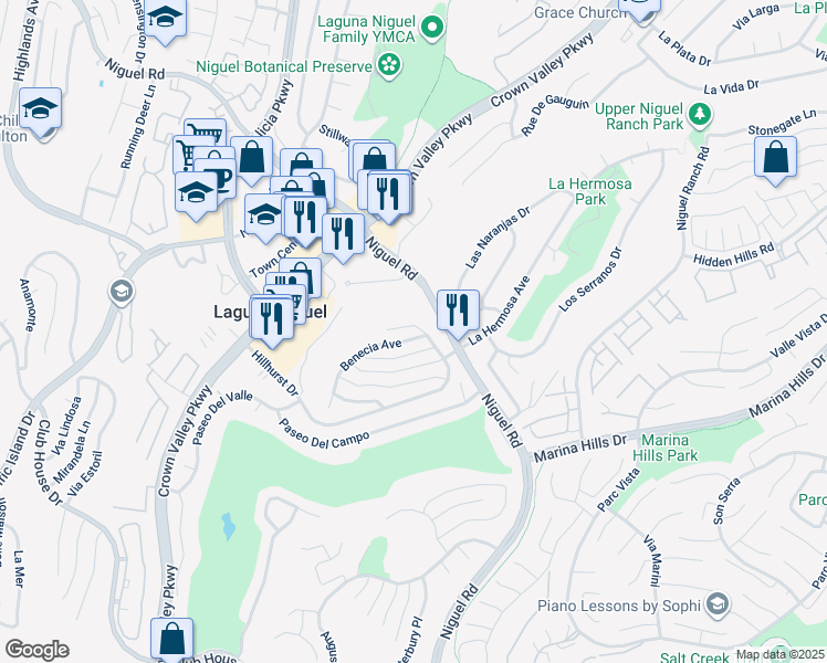 map of restaurants, bars, coffee shops, grocery stores, and more near 30301 Grande Vista Avenue in Laguna Niguel