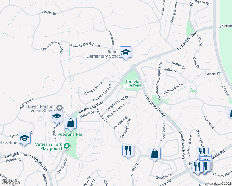 map of restaurants, bars, coffee shops, grocery stores, and more near 41161 Crooked Stick Drive in Temecula