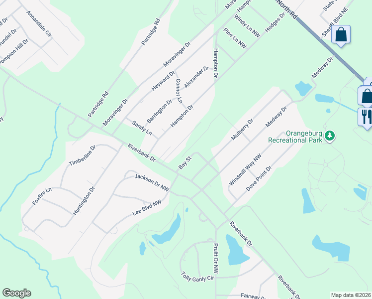 map of restaurants, bars, coffee shops, grocery stores, and more near 128 Bay Street in Orangeburg