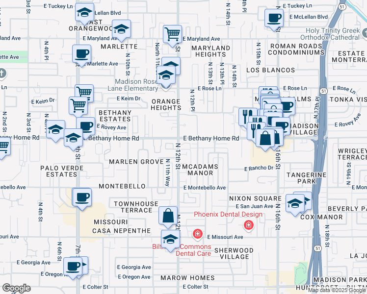 map of restaurants, bars, coffee shops, grocery stores, and more near 5825 North 12th Street in Phoenix