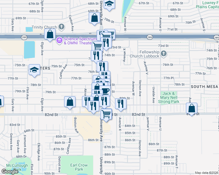 map of restaurants, bars, coffee shops, grocery stores, and more near 7804 Avenue X in Lubbock