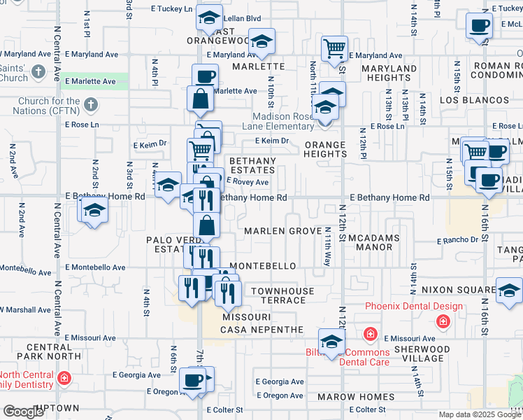 map of restaurants, bars, coffee shops, grocery stores, and more near 929 E Bethany Home Rd in Phoenix