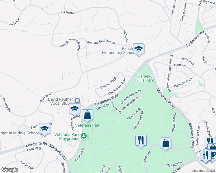 map of restaurants, bars, coffee shops, grocery stores, and more near 31071 Camino Verde in Temecula