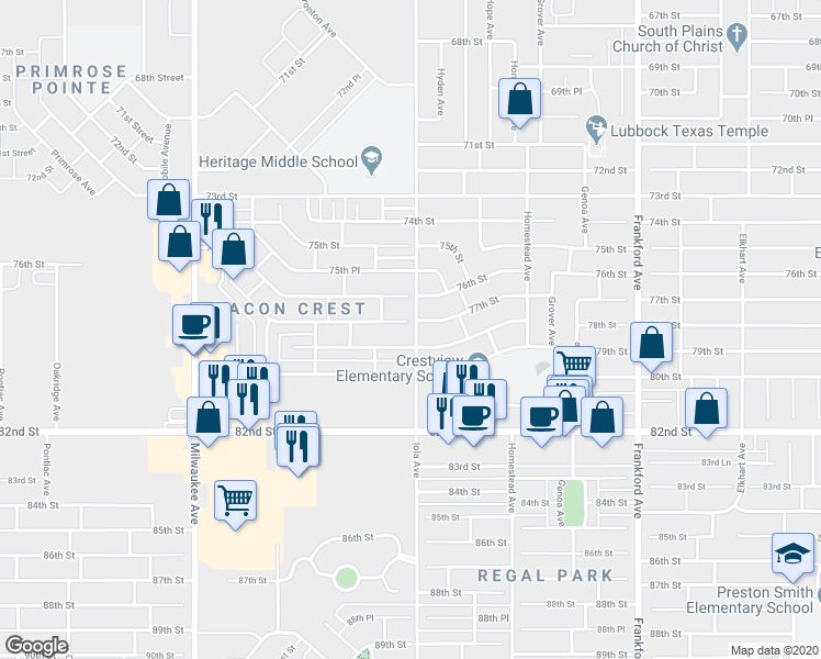 map of restaurants, bars, coffee shops, grocery stores, and more near 6101 77th Street in Lubbock