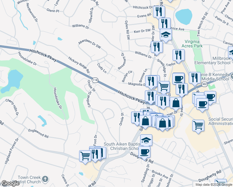 map of restaurants, bars, coffee shops, grocery stores, and more near 52 Bluff Pointe Way in Aiken