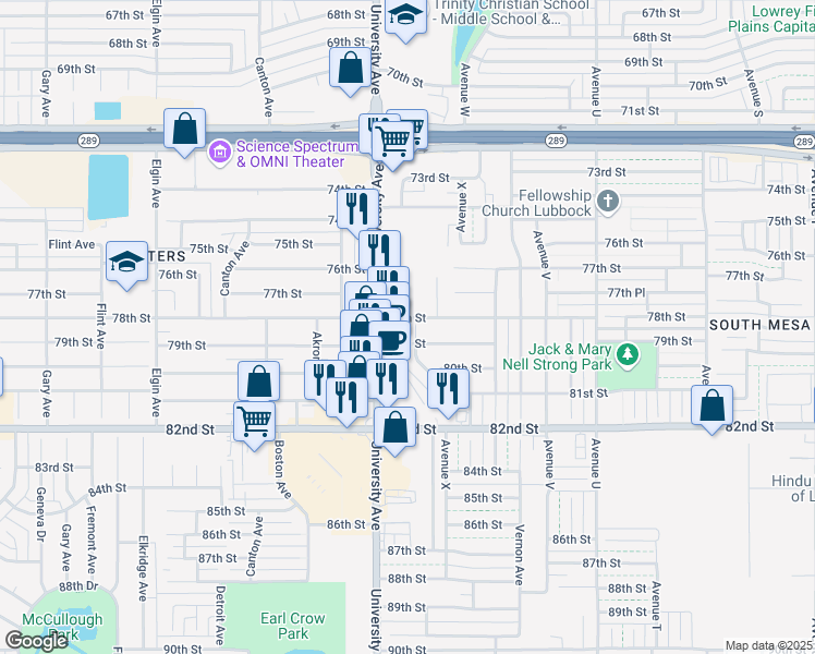 map of restaurants, bars, coffee shops, grocery stores, and more near 7617 University Avenue in Lubbock