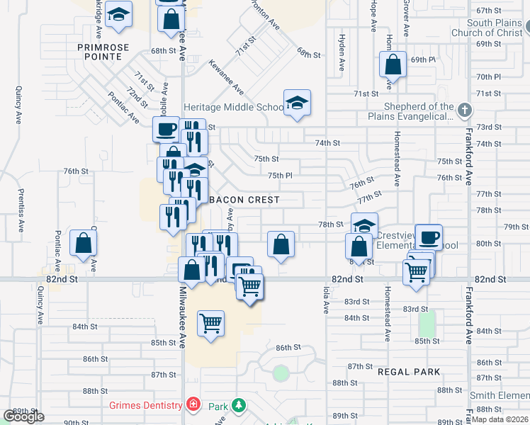 map of restaurants, bars, coffee shops, grocery stores, and more near 6302 77th Street in Lubbock