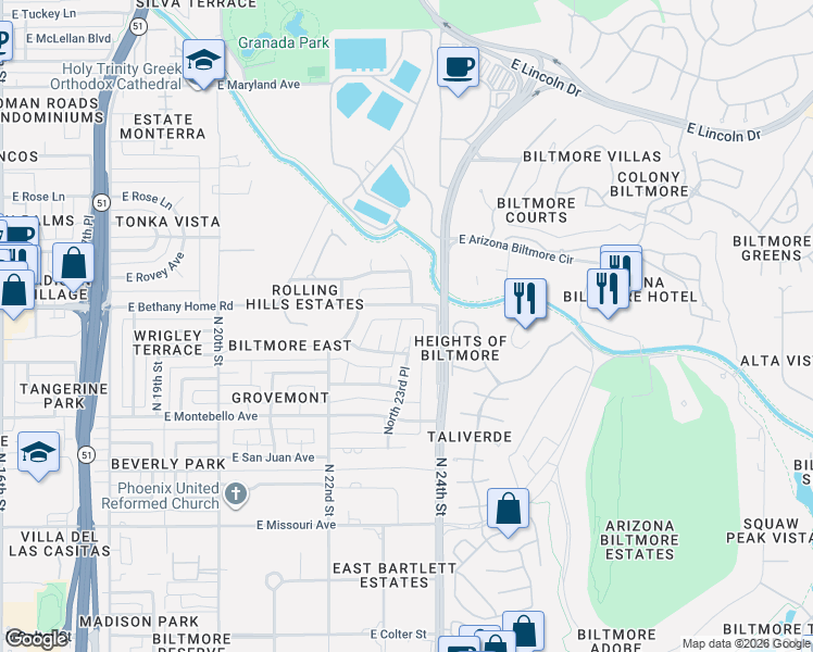 map of restaurants, bars, coffee shops, grocery stores, and more near 2301 East Bethany Home Road in Phoenix