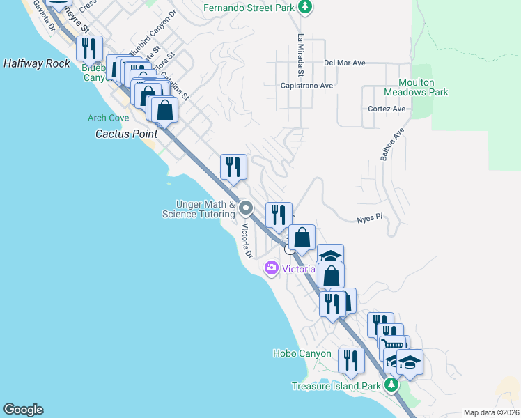 map of restaurants, bars, coffee shops, grocery stores, and more near 2675 Queda Way in Laguna Beach